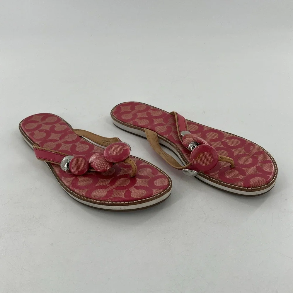 Coach Womens Signature Coated Canvas‎ Flip Flop Thong Patent Button Melon 8.5